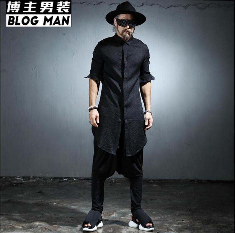 

Men's Casual Shirts Summer Thin Fluid Long-sleeve Shirt Men Medium-long Linen Long Gown Hairstylist Nightclub Singer Costumes ClothingMen's, Black