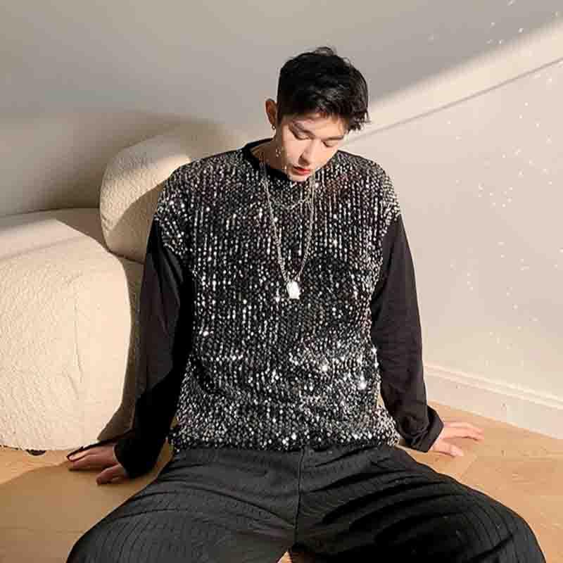 

Men' T-Shirts Men' Long Sleeve Hairdresser Bottom Color Matching Sweater Spring And Autumn Korean Version Of Loose T-shirt Sequins Per, Black