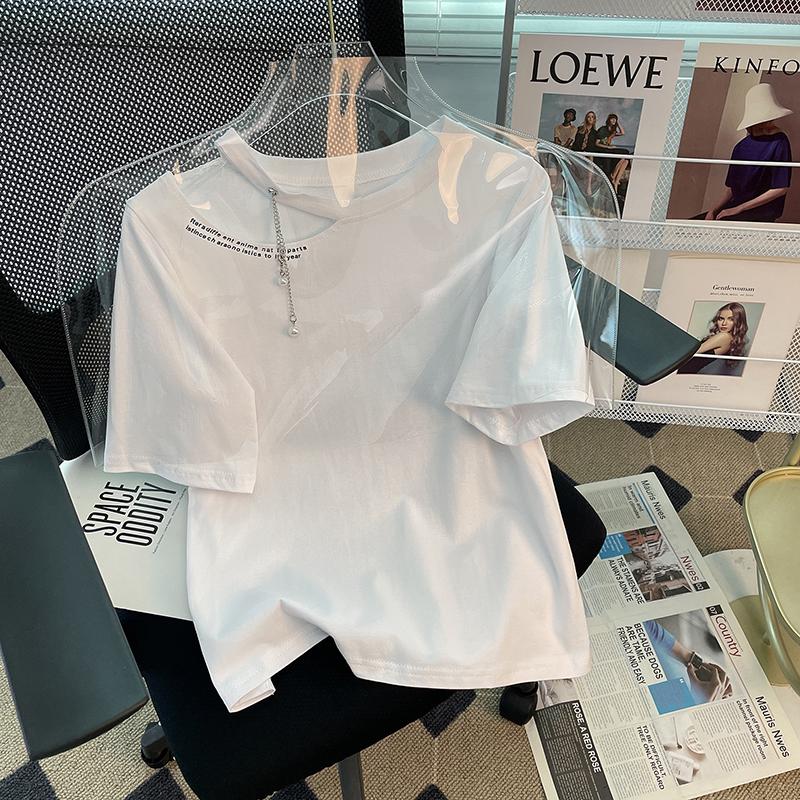 

Women's T-Shirt Solid Hollow Out Loose Casual Women's Pearl Pendant Short Sleeve Woman Tshirts Summer Tops For Women 2022Women's, Black