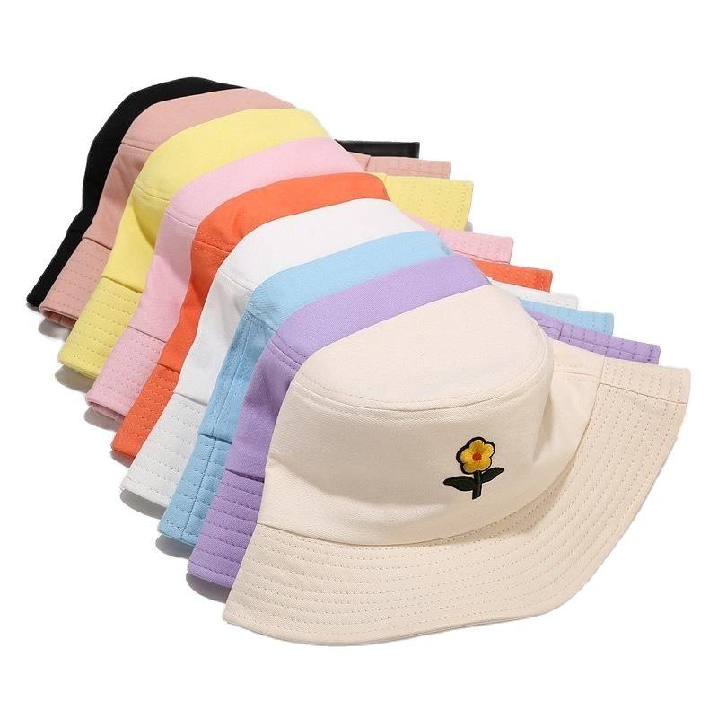 

Berets Flower Embroidery Cotton Bucket Hat Fisherman Outdoor Travel Sun Cap Hats For Women 204, White