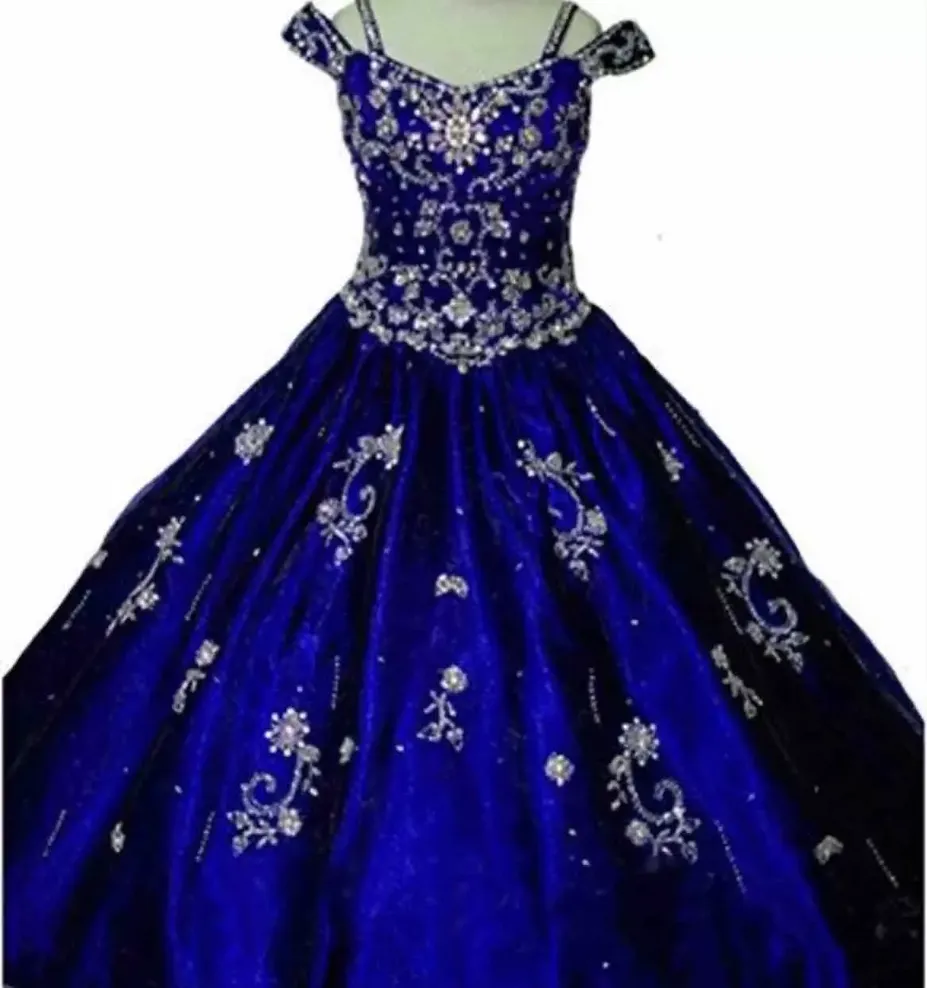 

Cheap New Royal Blue Ball Gown Girls Pageant Dresses Off Shoulder Crystal Beading Princess Tulle Puffy Kids Flower Girls Birthday Gowns, Brown