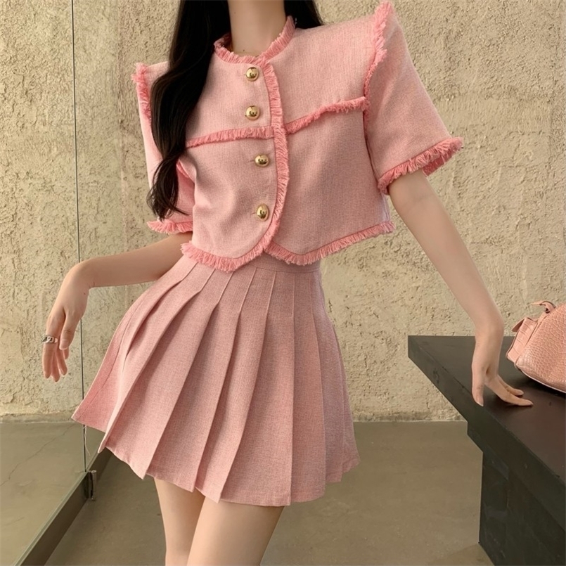 

Summer Womens Small Fragrant Two Piece Set Fashion Pink T Tassel Short Sleeve Crop Tops pleated Mini Skirts Suit 220608