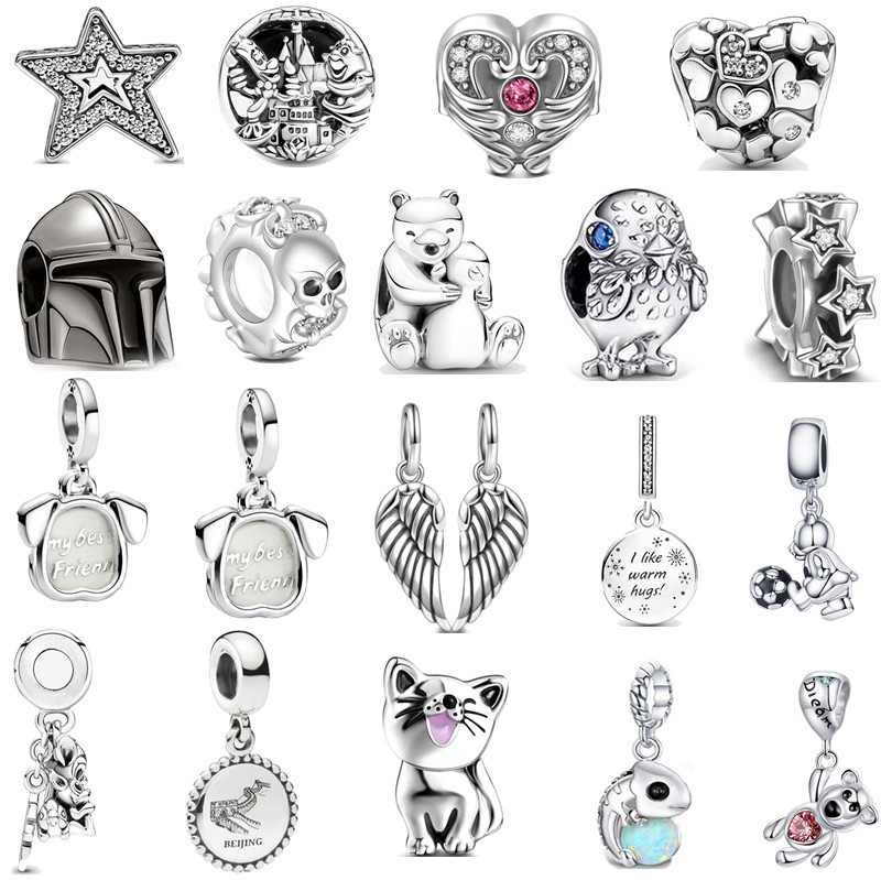 

New s925 Sterling Silver Bead Charms Skull Beaded Cute Cat Original Fit Pandora Bracelet Wing Pendant Classic Fashion DIY Women's Jewelry Gift