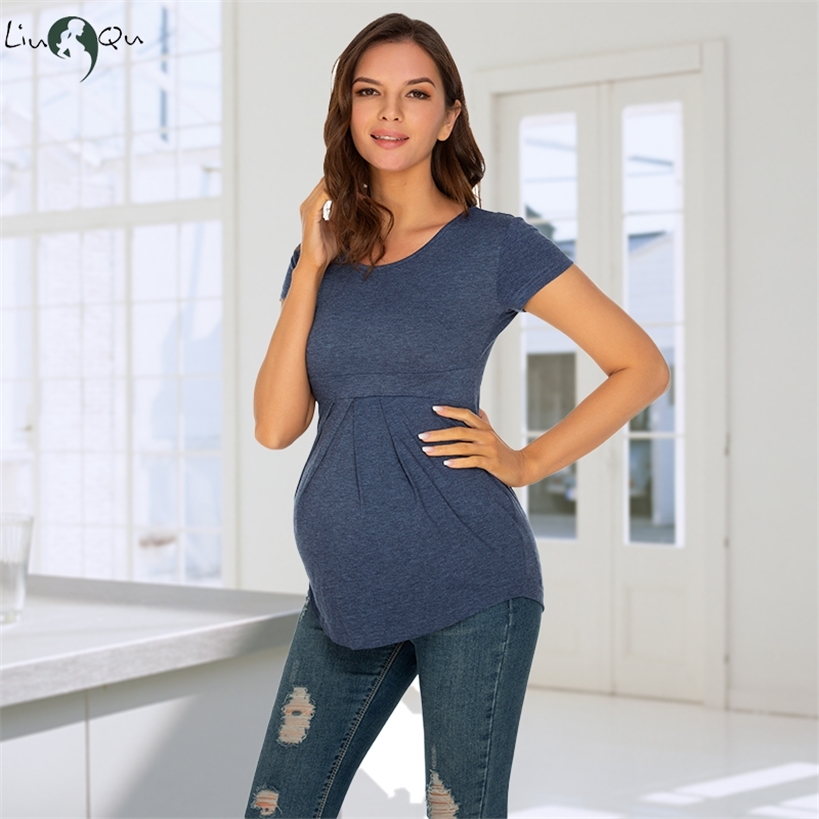 

Summer Maternity Tops Women Pregnancy Short Sleeve T-Shirts Casual Tees for Pregnant Elegant Ladies Folds Top Clothes 220419, Pic