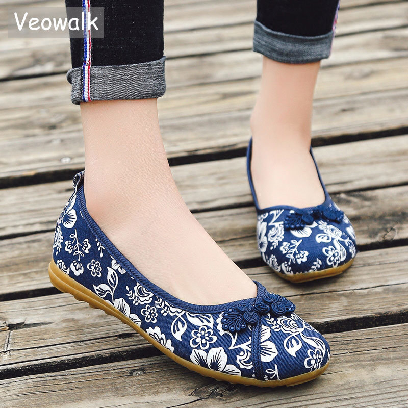 

Veowalk Chinese Knot Women Floral Fabric Ballet Flats Spring Summer Vintage Ladies Comfort Slip on Canvas Ballerinas Shoes 220613, Blue