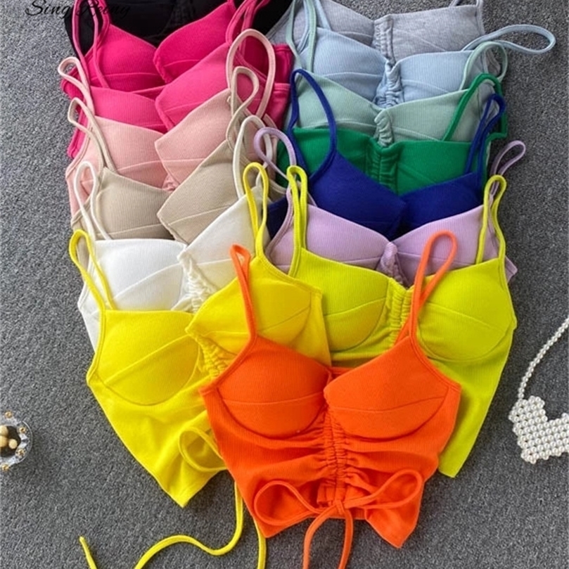 

SINGREINY Women Drawstring Strap Crop Tops Sexy Sleeveless V Neck Slim Y2K Tops Summer Korean Off Shoulder Short Camisole 220407, Light blue