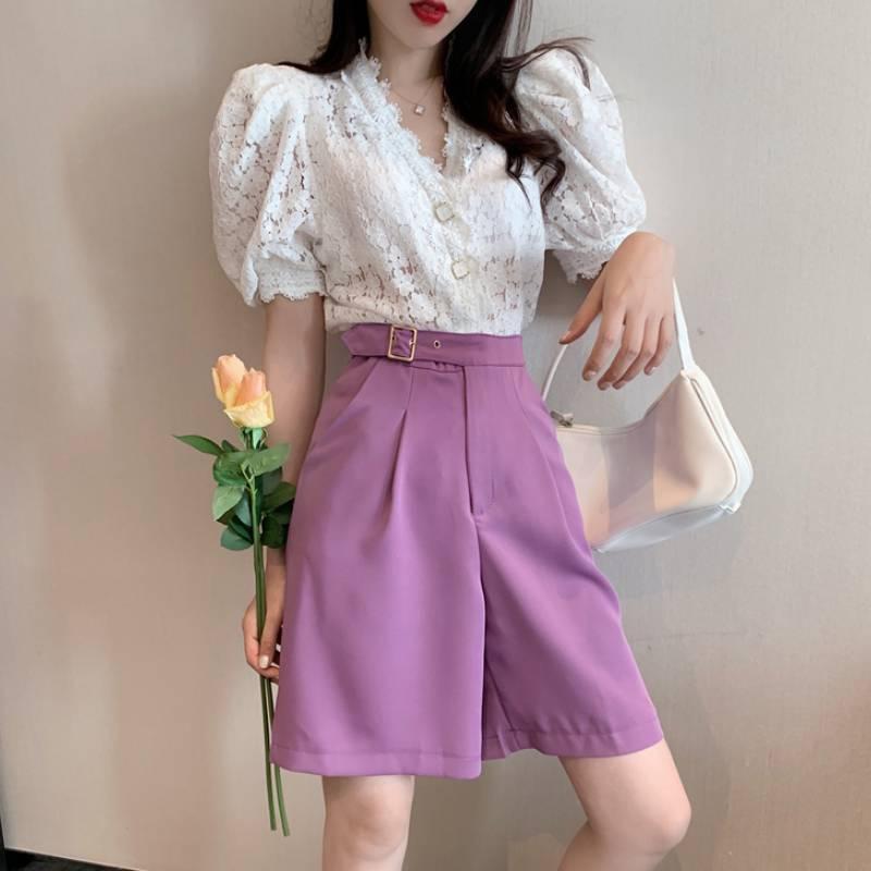 

Women' Tracksuits Summer French Suits Female Sweet Lace V-Neck Puff Sleeve Shirt Top High Waist Wide Leg Shorts Ladies Two-piece SetsWomen, White top