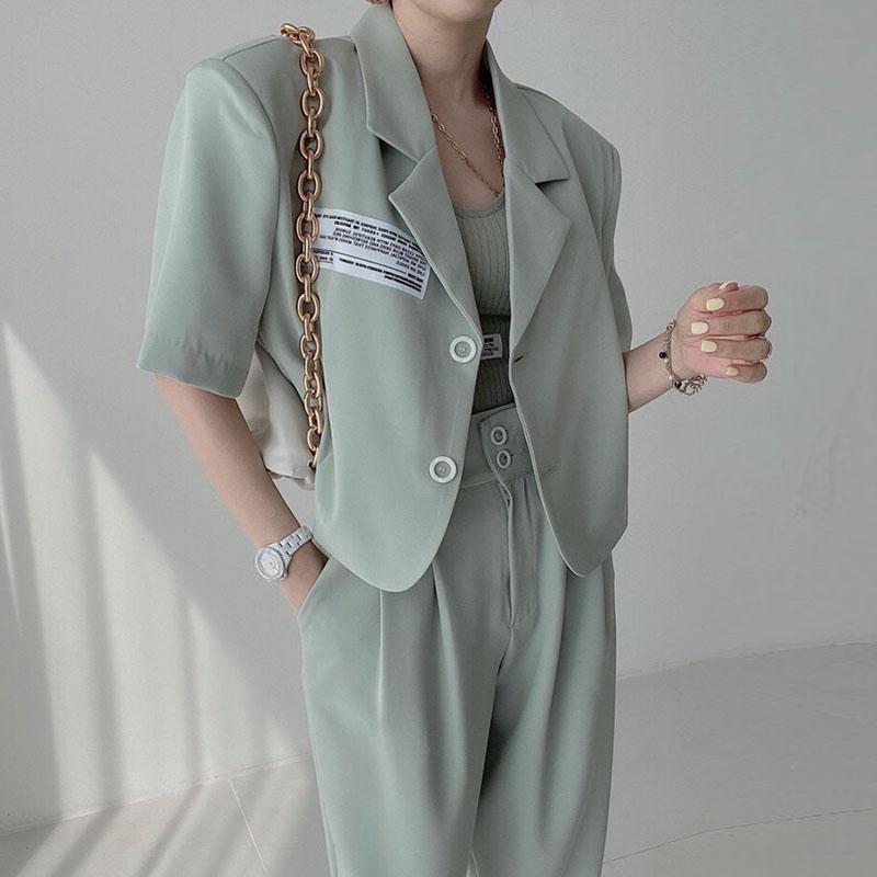 

Women' Two Piece Pants Korean Chic Summer Temperament Suit Collar Button Short Jacket High Waist Pocket Pleated TrousersWomen, Pink pants