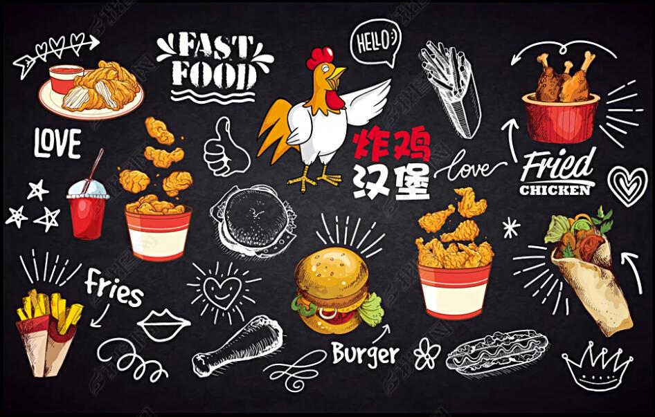 

custom photo mural 3d wallpaper on the wall fried chicken burger dining gourmet fast food french fries decor living room 3D wall murals wallpapers for walls in rolls, Non-woven wallpaper