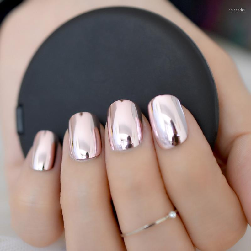 

False Nails Pink Mirror Pre-designed Fake Nail Tips Short Flat Metallic Shiny DIY Art Full Cover Manicure Accessories N24 Prud22, N02