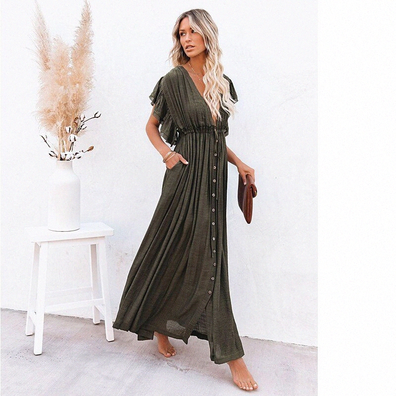 women's Swing Dress Maxi long Dress ArmyGreen Orange Rust Red White Black Short Sleeve Solid Color Fall Spring V Neck Boho Loose 2022 One-Size