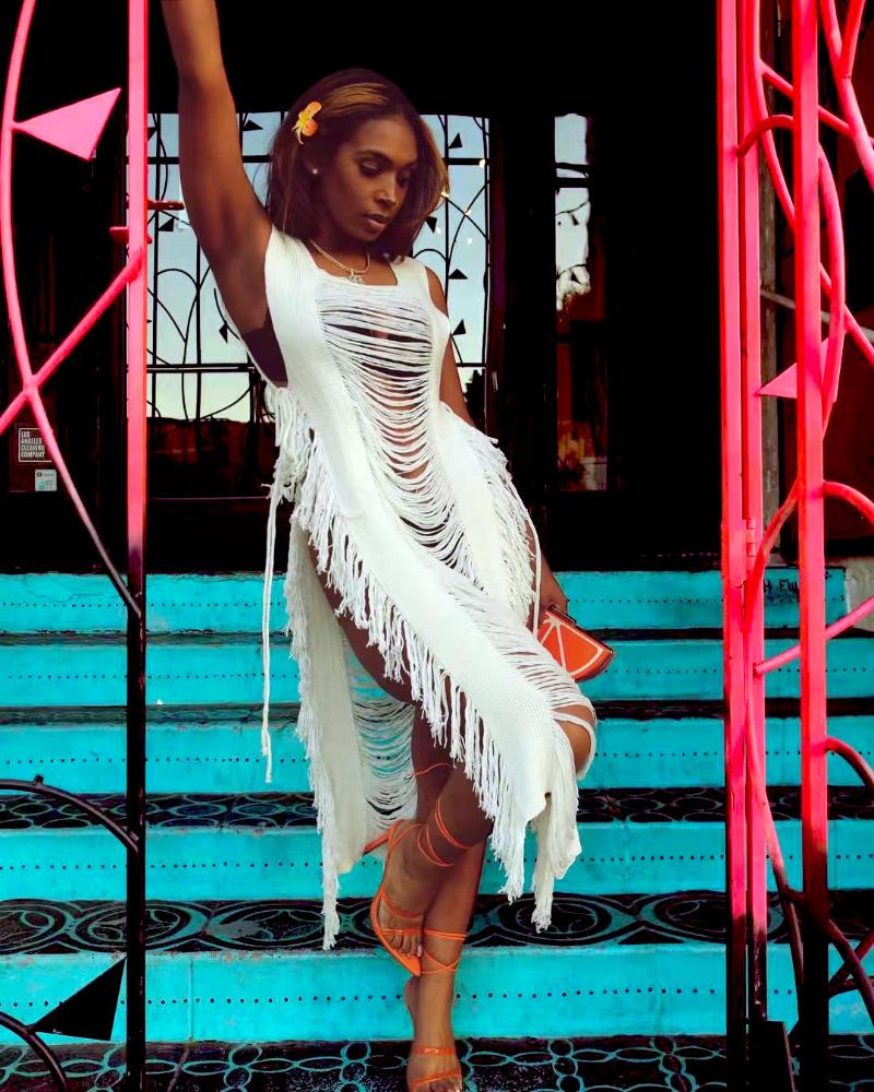 

Women' Swimwear Crochet Knitted Tassels Beach Maxi Dress Women Summer Holiday Vacation Outfits Sexy Hollow Side Split Bohemian Loose Long D, White