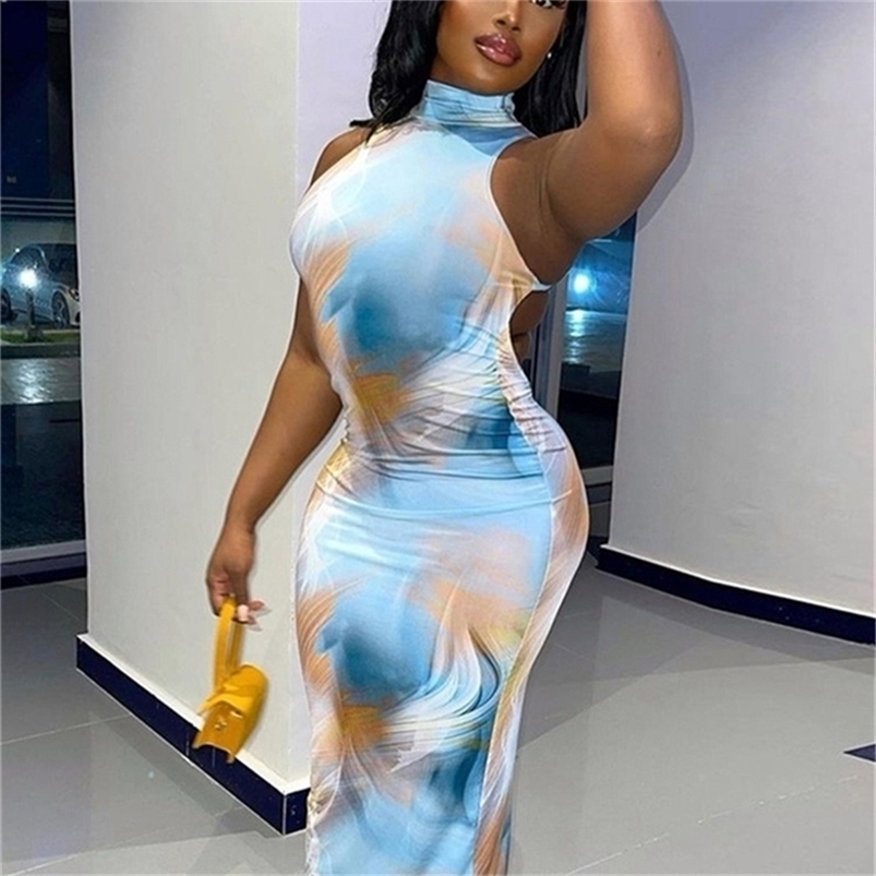 

Hawthaw Women Summer Fashion Backless Sleeveless Printed Bodycon Slim Pencil Dress Female Clothing Streetwear Wholesale 220613, Deep blue