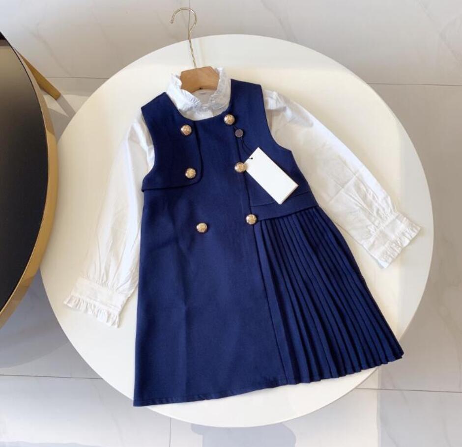 

Baby Girls Dresses Spring Autumn Designer Girl Skirts 2 Pieces Dress Sets with Letters Casual Shirts Sleeveless Skirt Child Brand Clothing Size 110-160, Blue