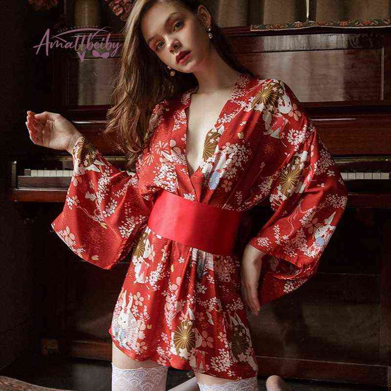 

Sexy Pyjamas Japanese Kimono Bathrobe Chiffon Temptation Nightwear Lingerie Robes for Women Bride Wedding Sleepwear Gown Negligee 220419, Pink