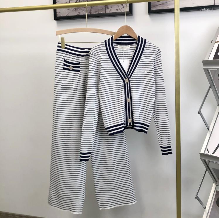 

Women's Two Piece Pants Fashion Women's Set Striped Sweater V-Neck Long Sleeve Knit Cardigan Top High Waist Wide Leg Suit Casual Out, Photo color