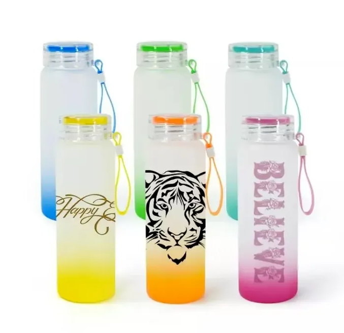 

500ml 17oz Sublimation Water Bottle Glass Frosted Transparent Blank Sublimation Tumbler Gradient color Matte heat transfer DIY Wholesale T0401, Cyan