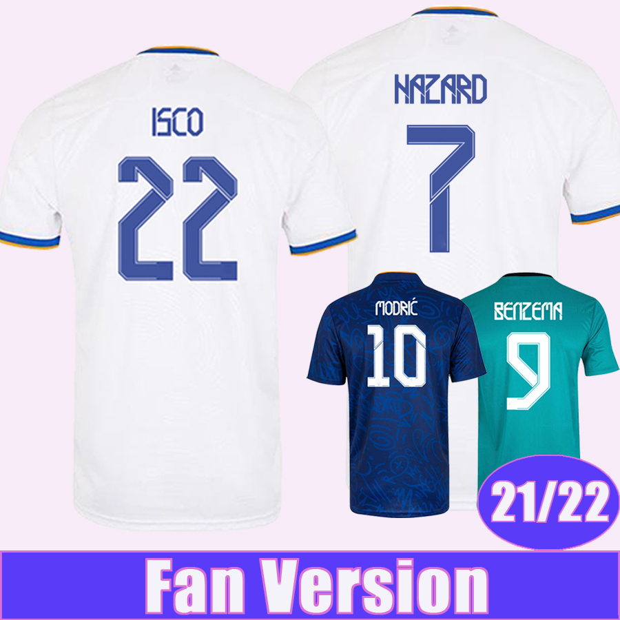 

21 22 HAZARD BENZEMA Mens Soccer Jerseys MODRIC MARIANO KROOS ISCO ASENSIO CARVAJAL MARCELO BALE Home White Away 3rd Football Shirts, Qm3398 2122 home ... patch