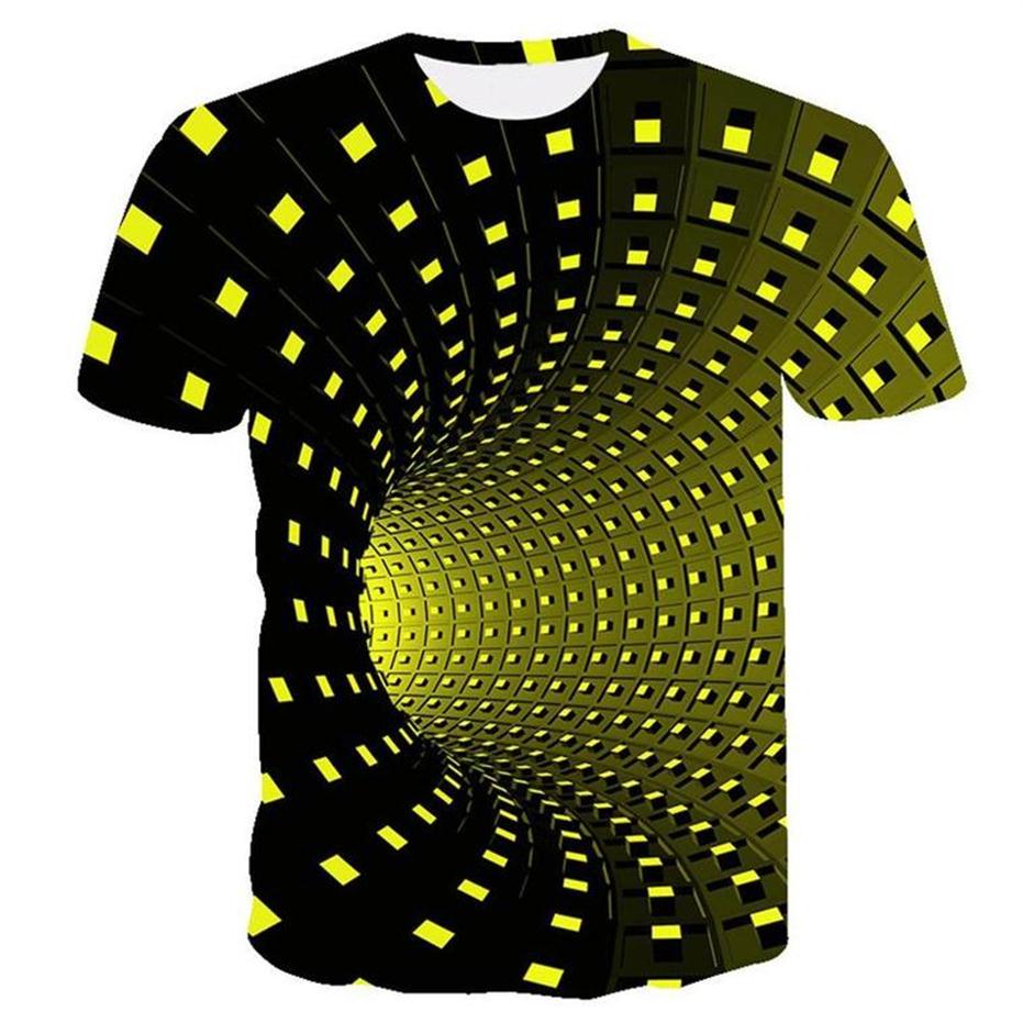 

3D Tshirts Black And Yellow Psychedelic Printed T-shirt Men Summer Hip Hop Funny Checked Tunnel Print Tee Shirt Men Women Tops kg-273U, T3
