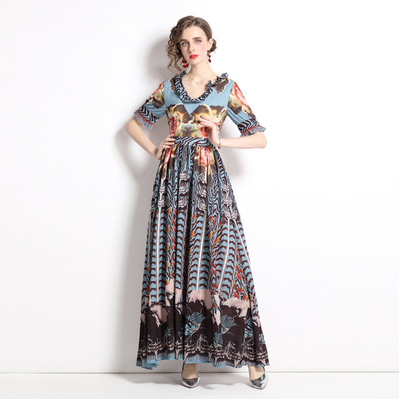 

Summer New Women Chiffon Dress Beach Holiday Ruffles V Neck Floral Printing Long Expansion Vestidos Elegant lady Fashion Dresses, As picture