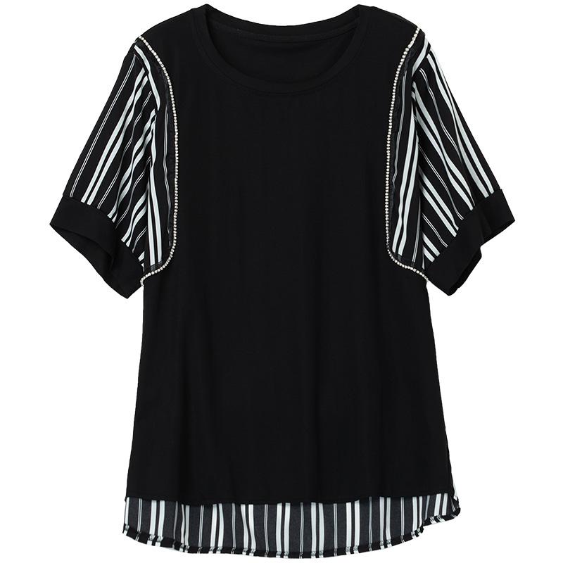 

Women's T-Shirt Plus Size Women Clothing 2022 Summer Balck Tees Office Lady O Neck Short Sleeve Diamonds Striped Tshirts FreeWomen's, Black
