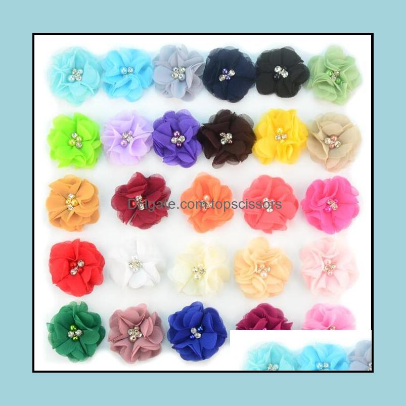 

Hair Accessories Tools Products 27Colors Chiffon Flowers With Pearl Rhinestone Center Artificial Flower Fabric Children Baby Headbands Dro