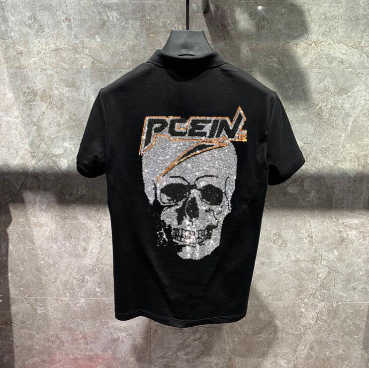 

2022 summer Short Sleeve polo shirts slim size rhinestones Organic Cotton, Blue