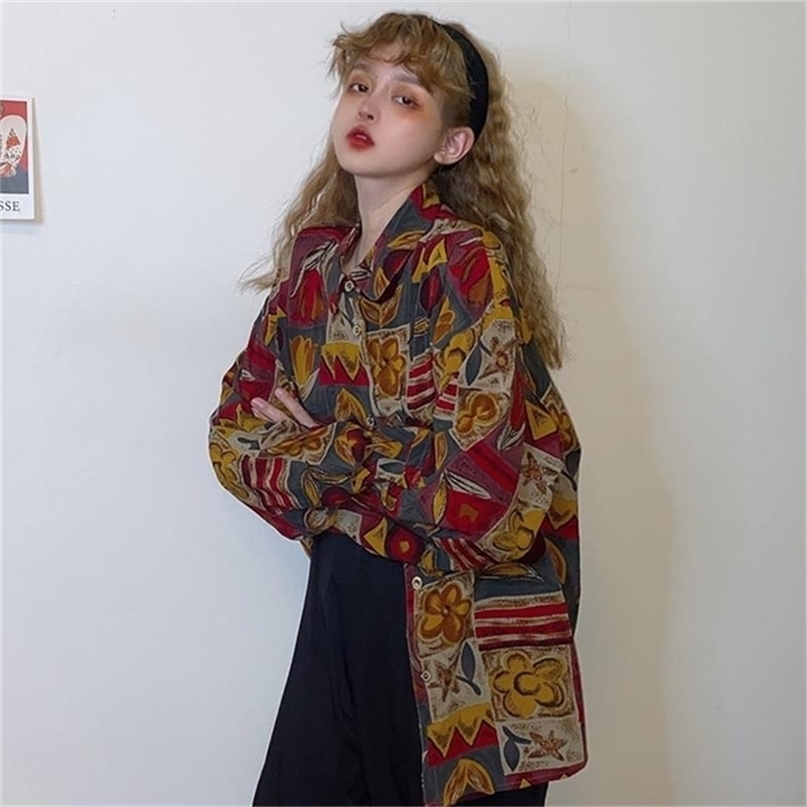 

HOUZHOU Vintage Blouse Women 90s Aesthetic Oversize Harajuku Long Sleeve Retro Shirts Fashion Streetwear Korean Style Autumn 220419, Color