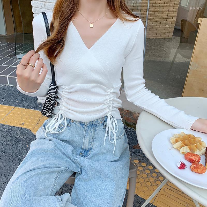 

Women's Sweaters Knitted Pullover Women Sweater Drawstring Ruched Mujer Spring Autum Sweet V Neck Solid Slim Long Sleeve Pull FemmeWomen's J, Black