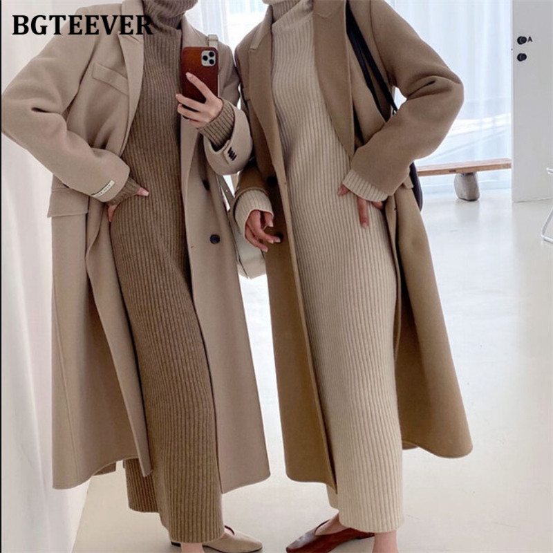 

BGTEEVER Vintage Turtleneck Thicken Warm Sweater Dress for Women Loose Straight Female Knitted Dress 2021 Autumn Winter, Beige