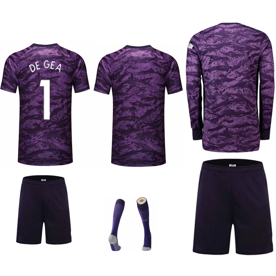 

retro soccer jersey DE GEA 1 long short sleeve football shirt 19 20 TOPS maillots goalkeeper training MAN goalie Camiseta women men kids kit sets youth adults uniform, 19-20 purple goalkeeper kit with socks