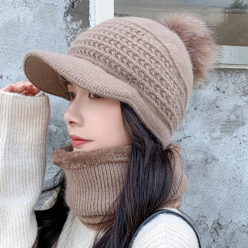 

Berets HT3954 Winter Hat Scarf Set Thick Warm Fleece Lined Fur And Ladies 2pcs Knitted Accessory, Black