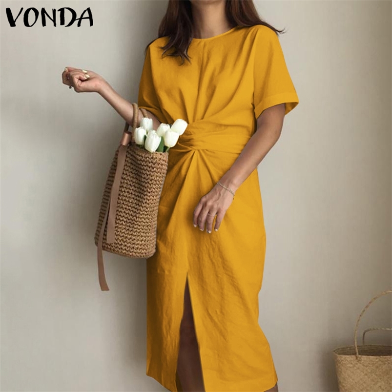 

Women Casual Dress VONDA Short Sleeve Front Slit Bowknot Dresses Holiday Beach Sundress Femme Party Robe Oversized 226014, Coffee