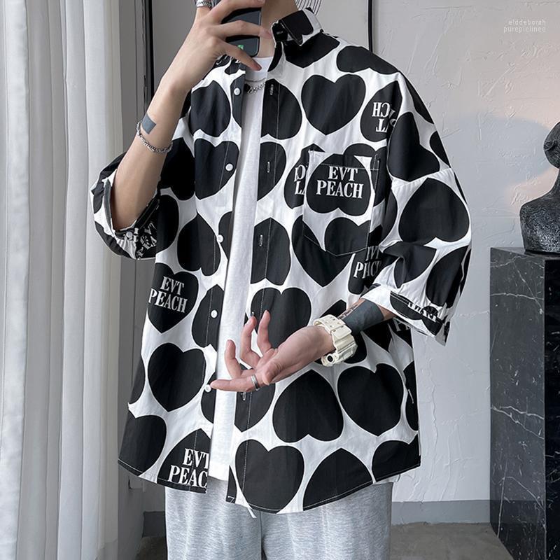 

Men's Casual Shirts Summer Half Sleeve Men Casaul Heart Printed Shirt Male Loose Hip Hop For ManMen's Eldd22, Black