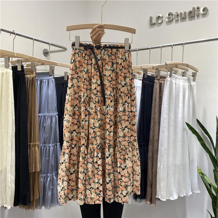 

Skirts Spring Summer Women 2022 Vintage Floral Printed Chiffon A-Line Pleated Skirt Elastic High Waist Casual Midi-Skirt, 5-blue