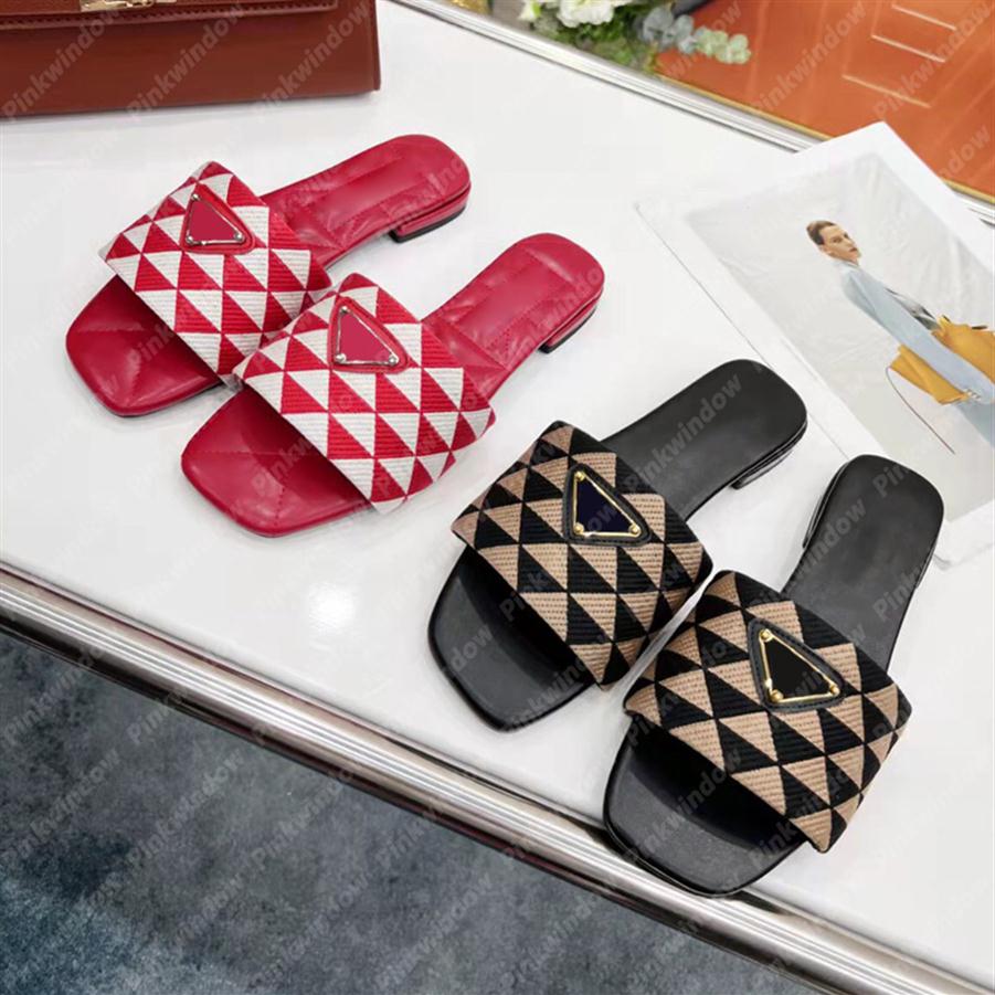 

Fashion Sandals Woven Beach Shoes Flat Sliders Designer Slippers Women Flip Flops Triangle Symbole Jacquard Slide Womens Slides 223341, Ship by fedex