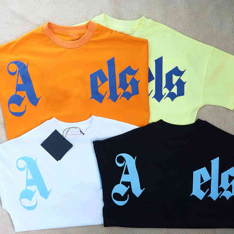 

High Street Brand Clothing Men' t shirt Palms New Summer Rainbow Ange Foam Letter Print Tshirt Off Bat Sleeve Round Neck Short Tshirts Tops, Back letter yellow