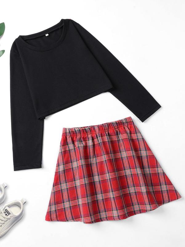 

Girls Solid Tee & Tartan Print Skirt SHE, Multicolor