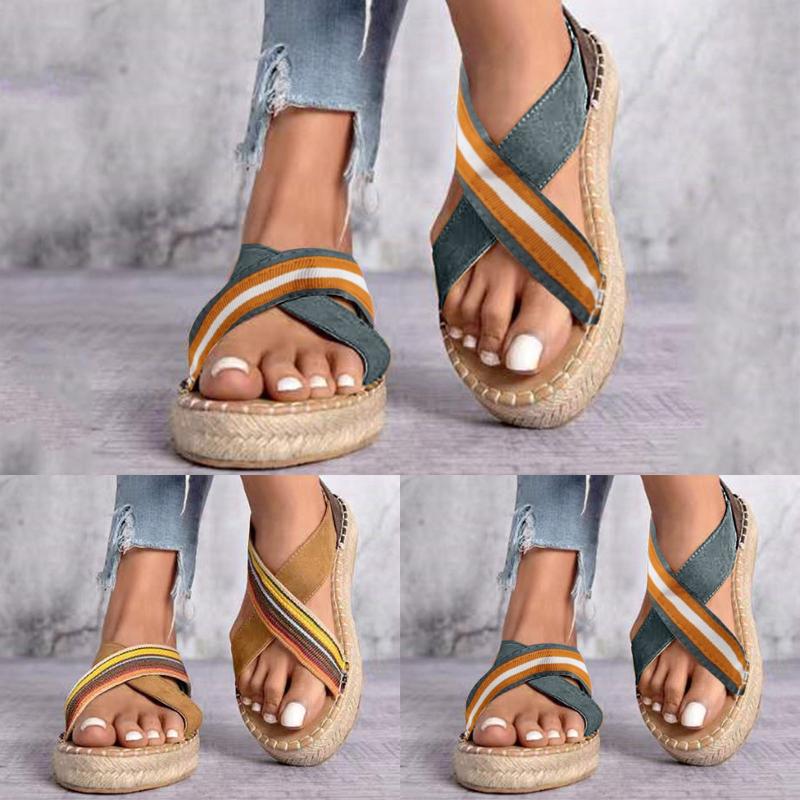 

Sandals Gold Sandal Wedges For Women Straw Footwear Stripe Fashion Color Blocking Platform Canvas Women's Knitted Women'sSandals, Blue