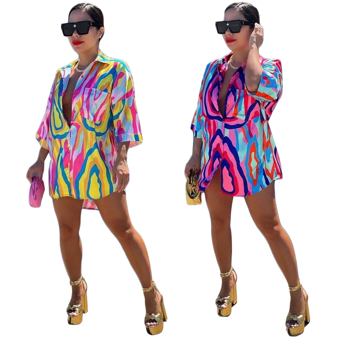 2022 Summer Fashion Print Blouses For Women Half Sleeve Cardigan Button Casual Brand Thin Shirts Dress K7141