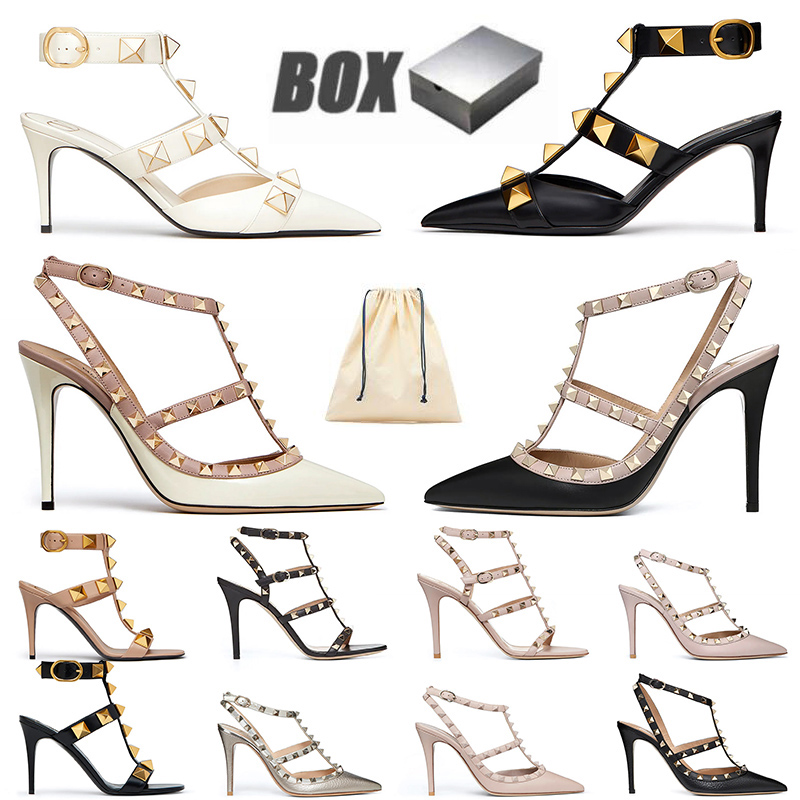 

2022 fashion designer women rockstud shoe high heels dress shoes patent leather pointed toe Peep-toes rockstuds sandals stiletto heel luxurys lady rivets pumps, A# 7