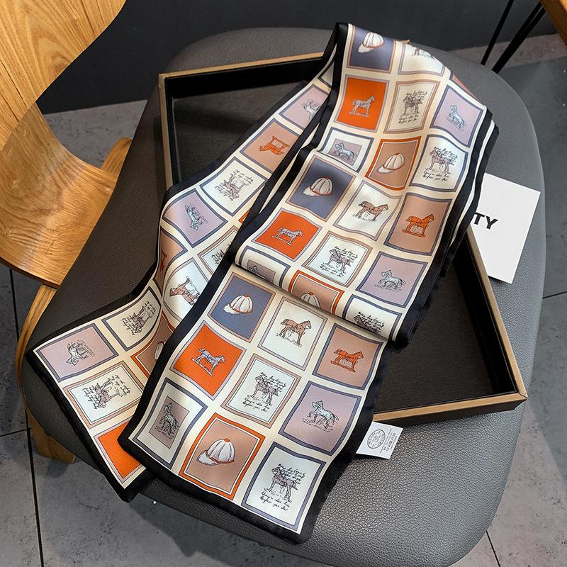 

Scarves Designer Luxury Long Silk Scarf Female Animal Horse Print Thin Narrow Bag Hair Band Ribbon Scarfs Women Neckerchief