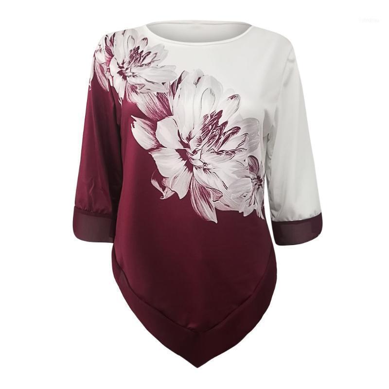 

Fashion Floral Print Blouse Plus Size Casual Autumn Ladies Loose O-Neck Basic Top Female Women Long Sleeve Shirt Blusas Pullover Women' Blo, Wine