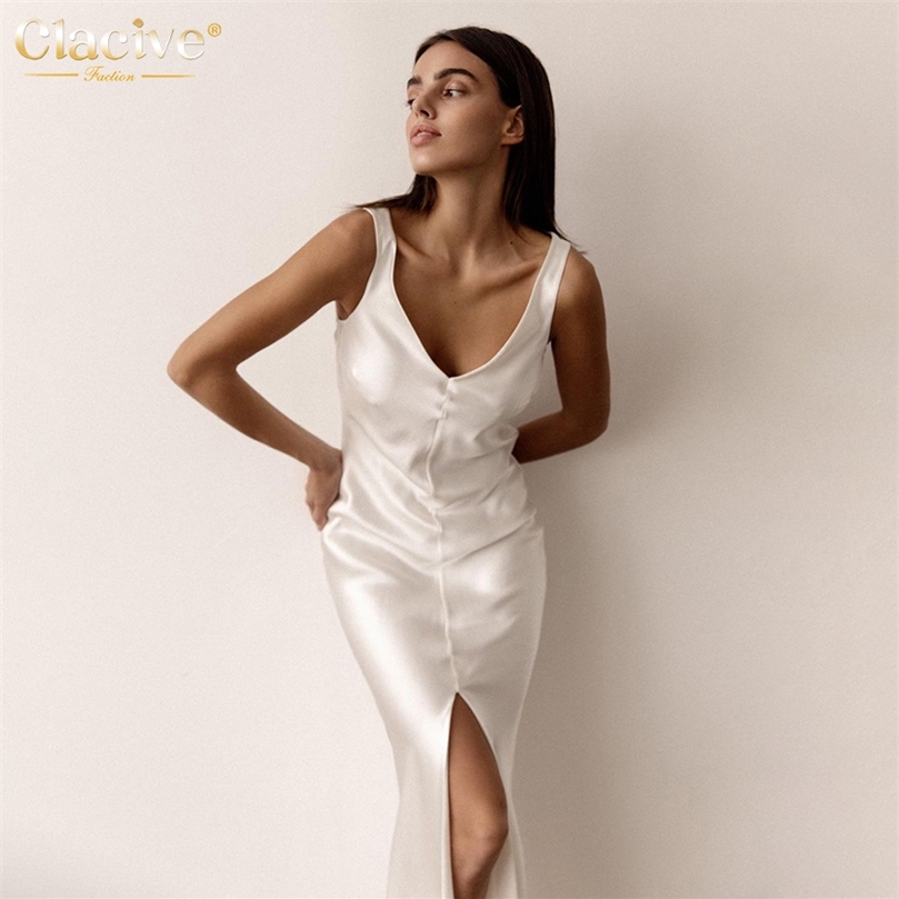 

Clacive Sexy VNeck Black Satin WomenS Dress Elegant Slim Sleeveless Slit Midi Dress Ladies Bodycon White Party Dresses 220704
