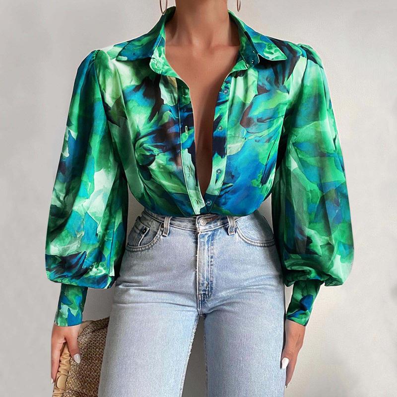 

Women's Blouses & Shirts Womens Sexy Long Sleeve Printed Shirt Cardigan Temperament Casual Bottoming Top Coffee For WomenWomen's, Green