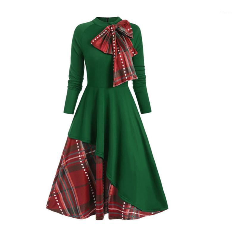

Casual Dresses Vintage Plaid Contrast Bowknot Dress Women Stitching Long Sleeve Big Swing Evening Party A Line High Waist Vestidos Robe, Red
