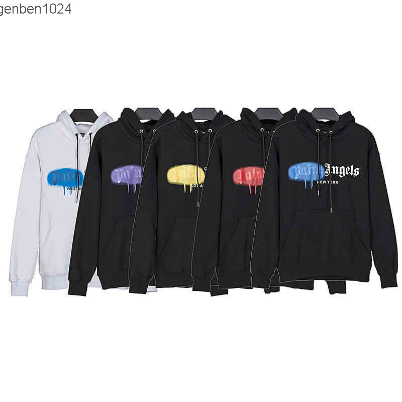 

Mens Designer Palmangel Hoodies Paint Graffiti Trendy Letter Print Large Loose European Men, Black purple print