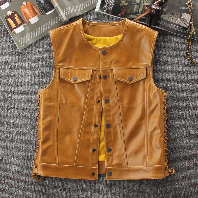 

Men' Vests Men' Genuine Leather Waistcoat Motorbike Motorcycle Club Style Biker Vest Side Laces Cowhide Real Learther Sleeveless Jacke, Black