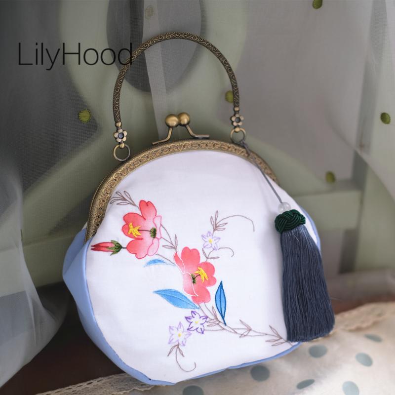 

Evening Bags Women Cotton Embroidery Floral Small Vintage Retro Chic Clasp Handbag Female Handmade Fringes Cellphone Kisslock Messenger Bag, Blue
