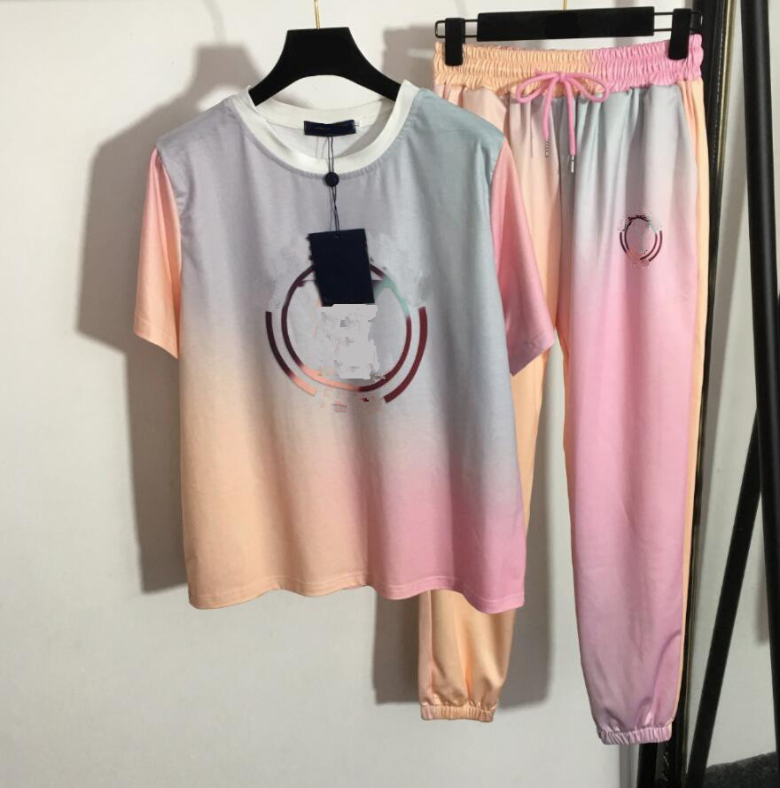 

Women's New Suits Gradient Letter Print Short Sleeve T-Shirt Drawstring Elastic Waist Casual Pants 528, Customize